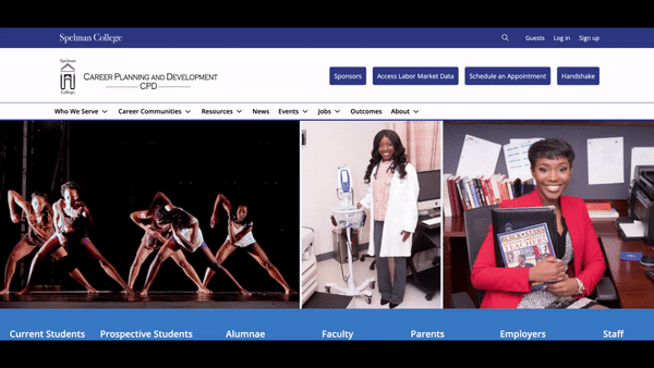 GIF showing the digital sponsors homepage on Spelman's virtual career center