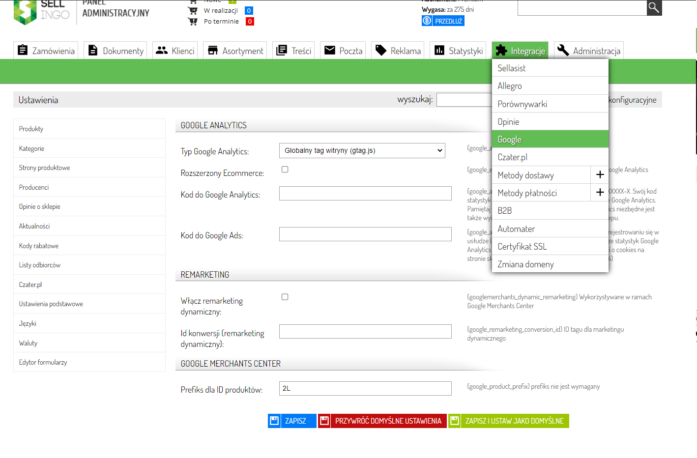 Panel administracyjny Sellingo.