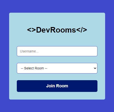 How our app home page will look: a form with username input, select room dropdown and Join Room button