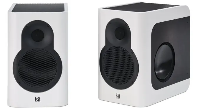 Kii SEVEN Wireless Music System Sterep Pair in Fine Touch White finish.