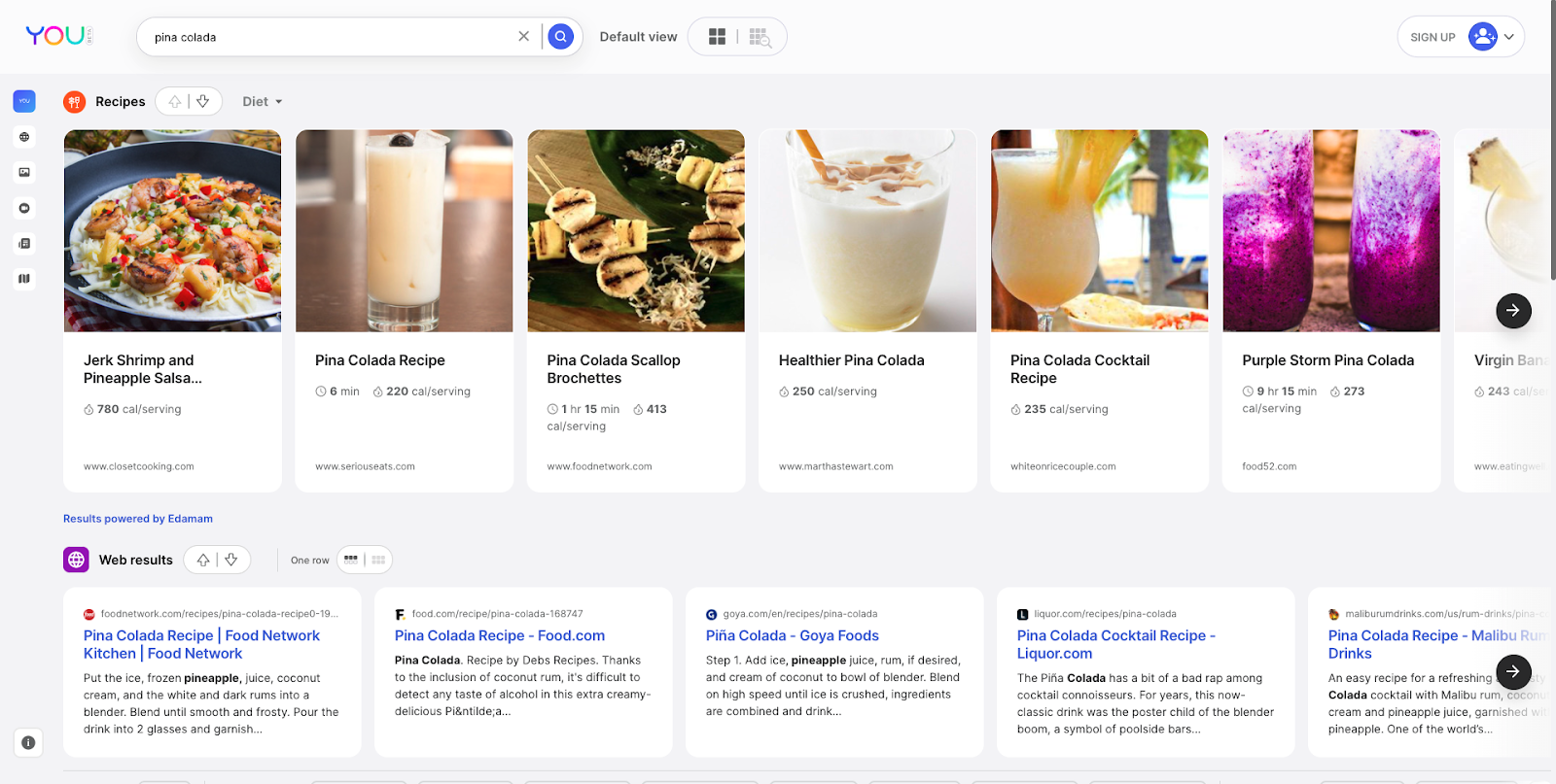 Page de résultats de recherche "recettes" you.com pour la requête "Pina colada"