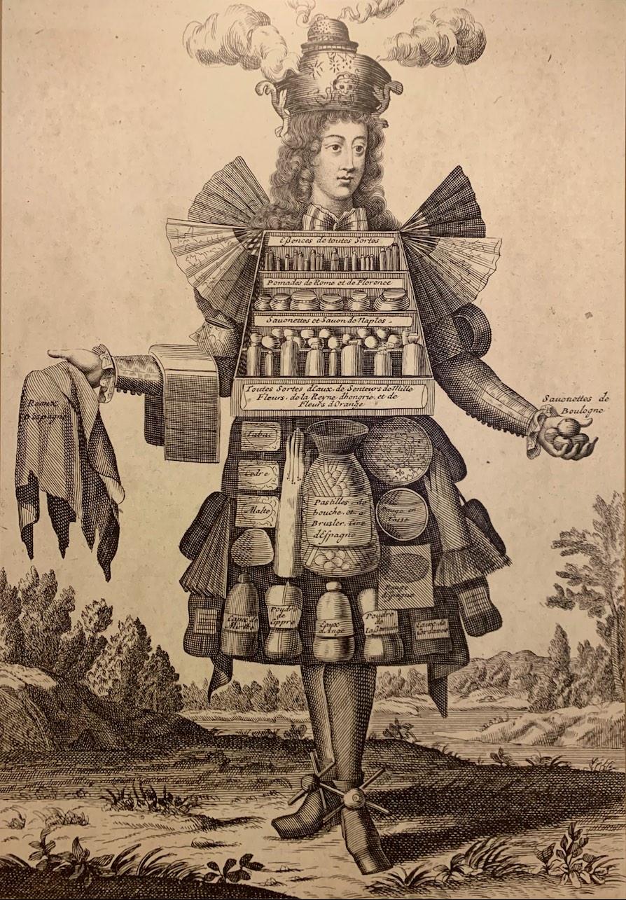 Карикатура на парфюмера из&nbsp;книги «Les costumes grotesque et&nbsp;les metiers», 1695.