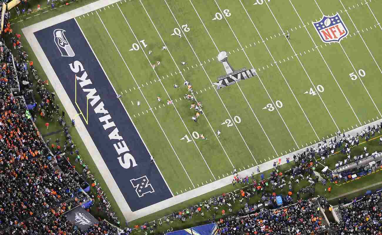 Aerial view of fans and players at the Super Bowl XLVIII between the Broncos and Seattle Seahawks at MetLife Stadium.