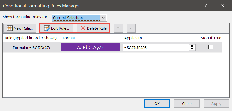 Add, Delete & Edit Conditional formatting rules here