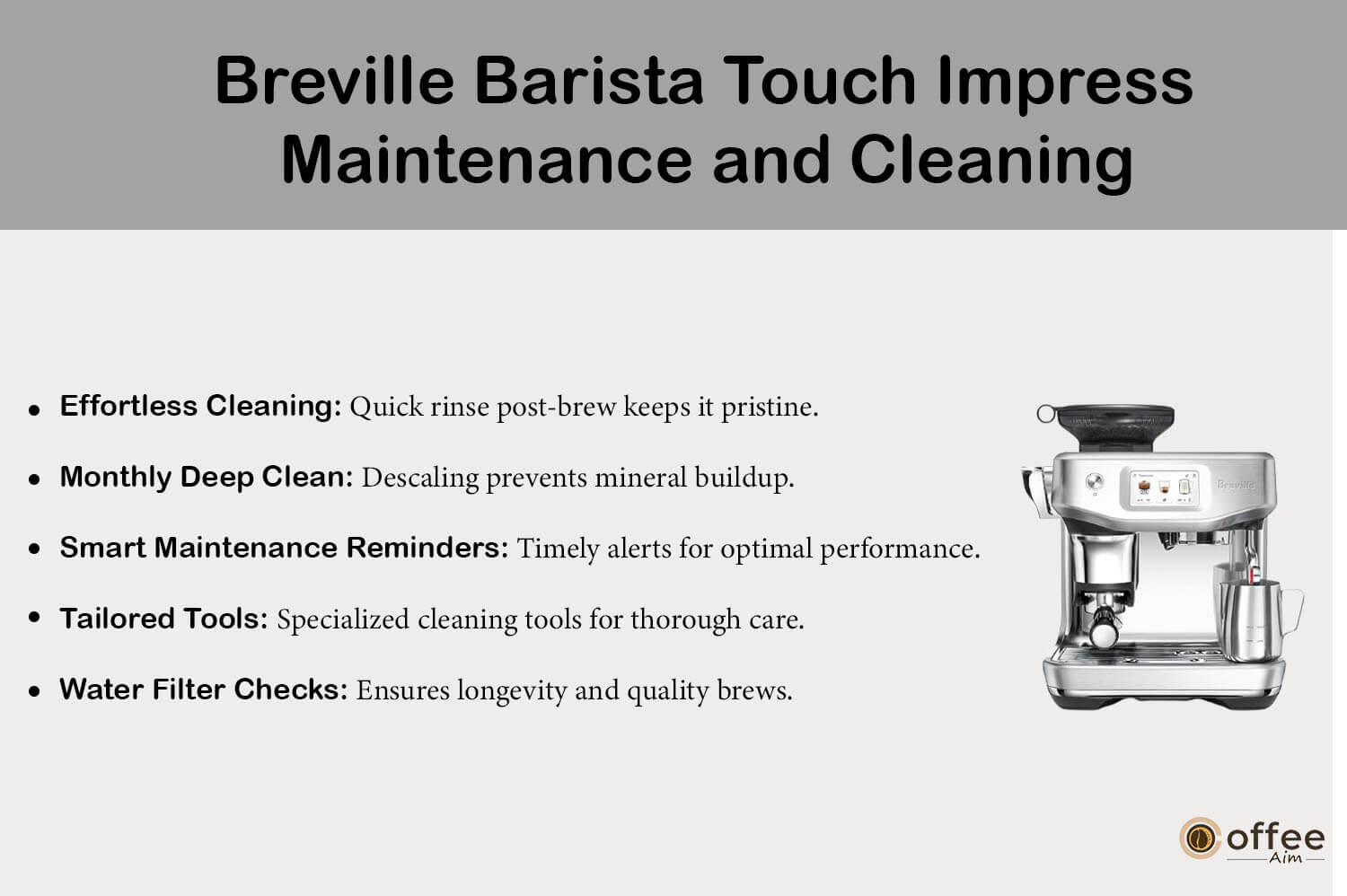 "This visual showcases the upkeep and cleaning procedures for the 'Breville Barista Touch Impress', as detailed in our 'Breville Barista Touch Impress Review'."