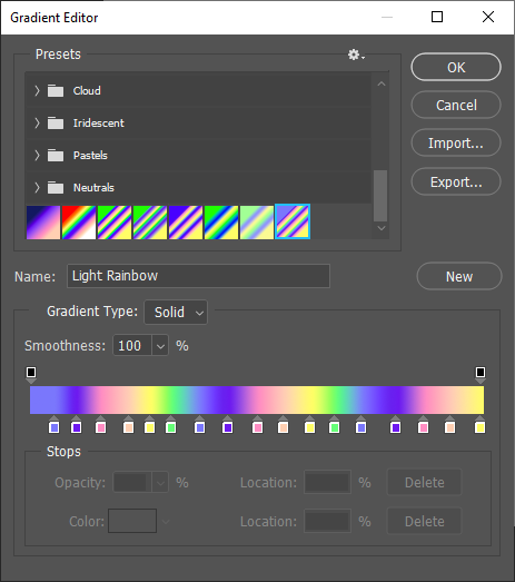 Shows a rainbow gradient in the Gradient Editor dialog in Photoshop