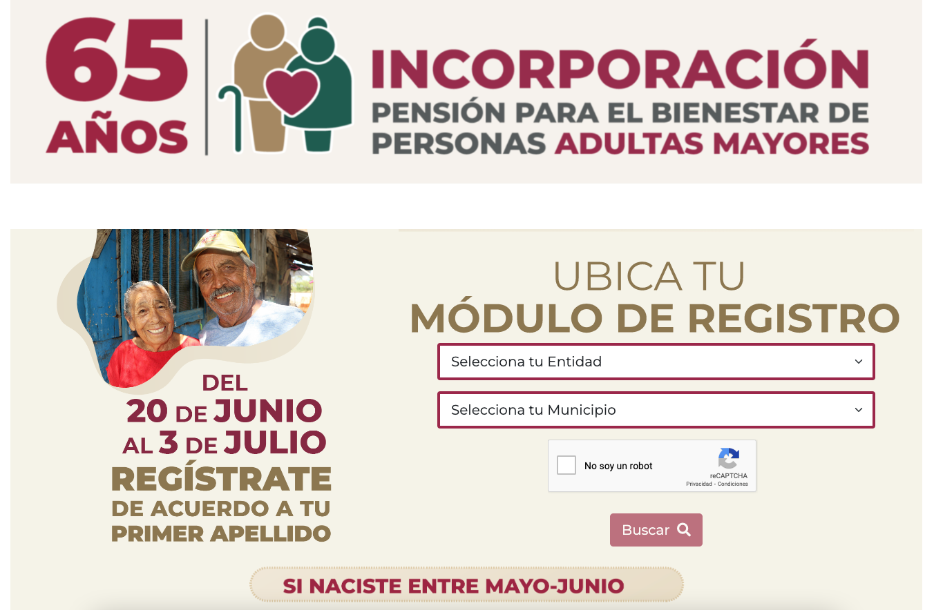 Página de registro de la pensión para adultos mayores de la Secretaría de Bienestar