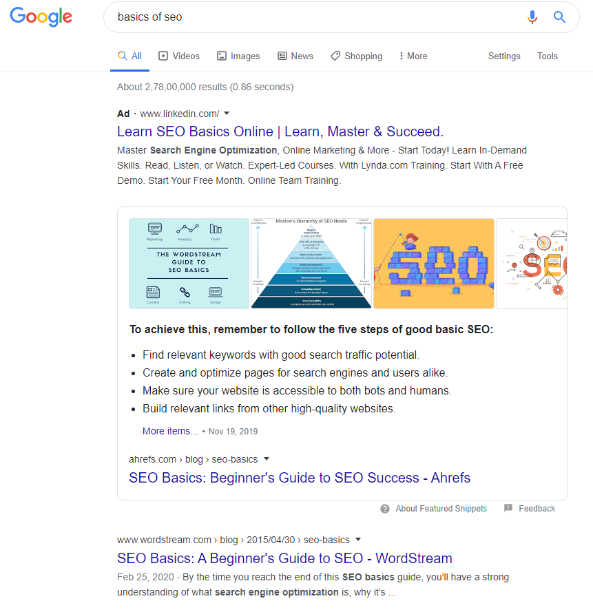 serp of basics of seo