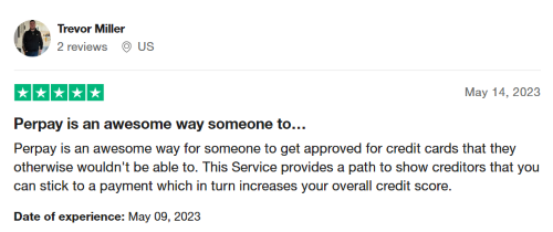 Five-star Perpay review from a customer who used the service to build their credit. 