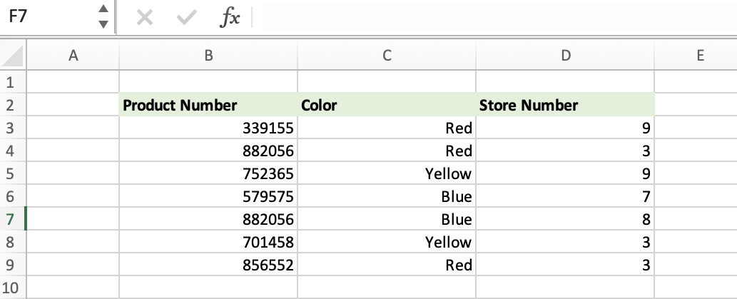 Excel table with product numbers, color, and store number columns
