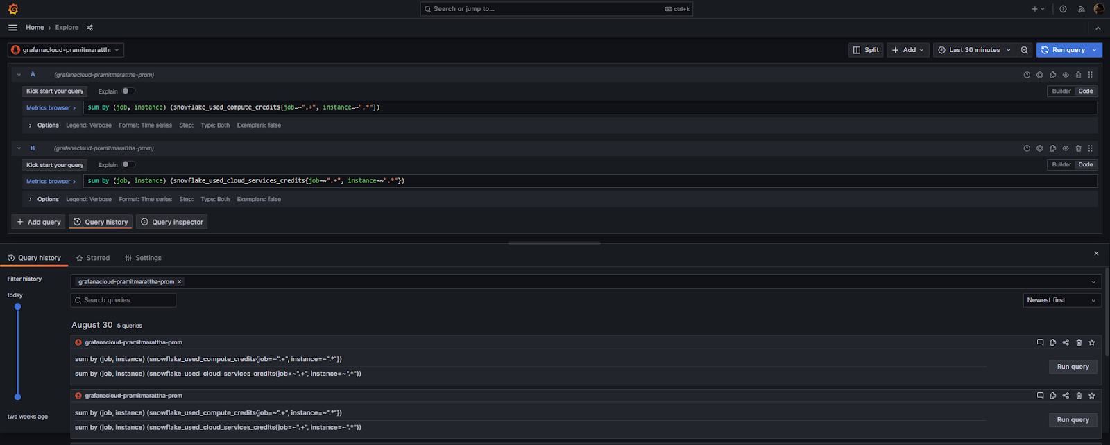 Exploring dashboard to modify Snowflake metric details - grafana snowflake - snowflake integration - grafana cloud - grafana dashboard - grafana alerts - snowflake grafana - grafana dashboard examples - grafana monitor - grafana alerts examples - Snowflake monitor