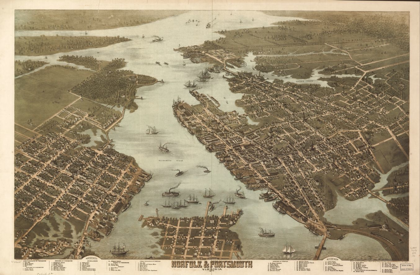 A drawn aerial map of Norfolk (right) and Portsmouth (left) ca. 1873