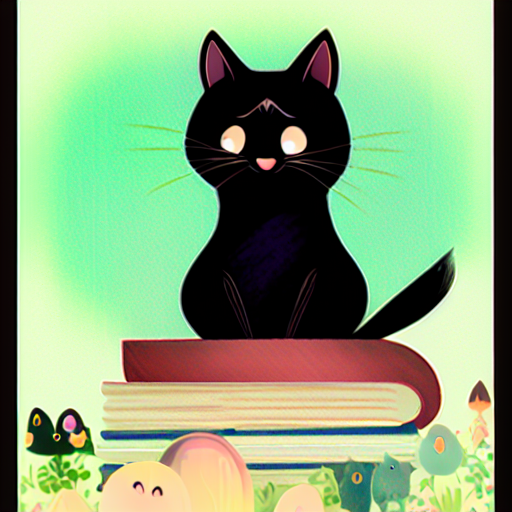 A black kitten sitting on a stack of books, part of a free bedtime story for kids