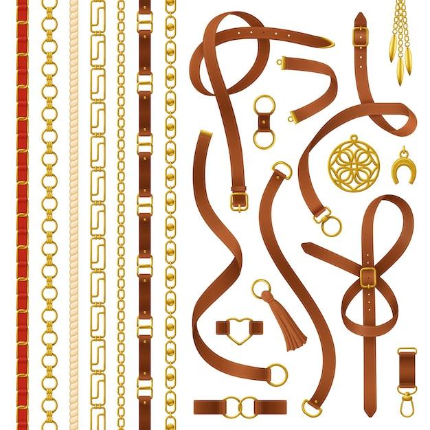 Free vector belt realistic set with buckle horseshoe and chain isolated vector illustration