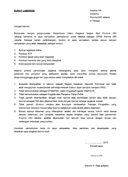 Contoh Surat Lamaran Kerja CPNS