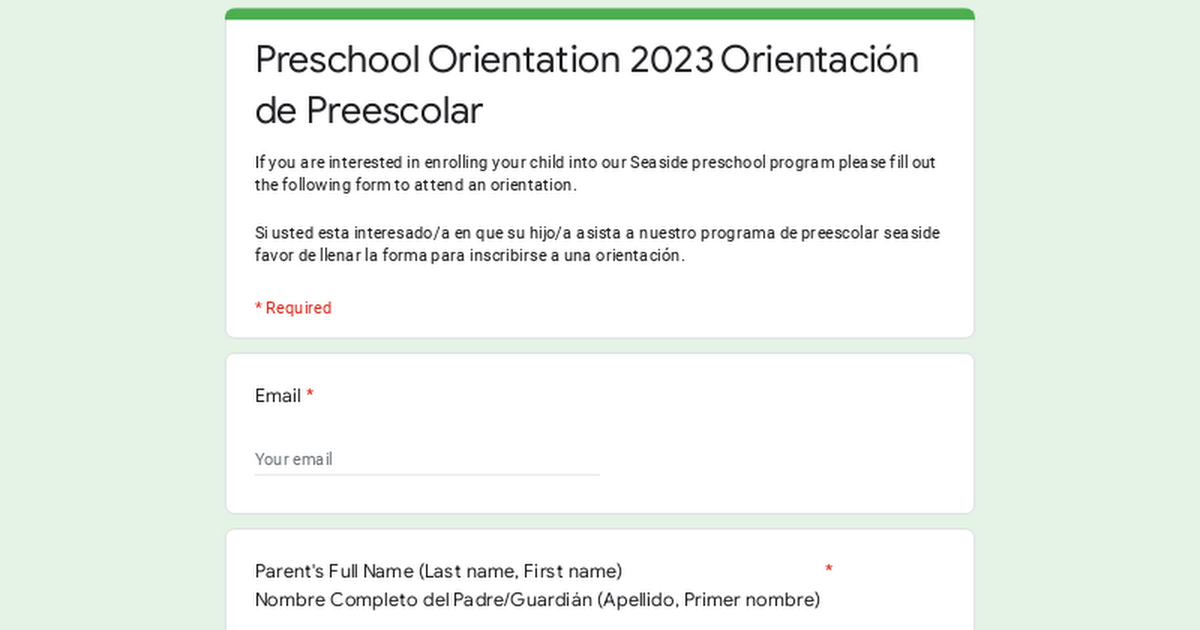 Preschool Orientation 2023 Orientación de Preescolar