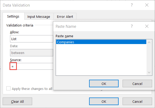 Select the named Range as the source for your drop down list
