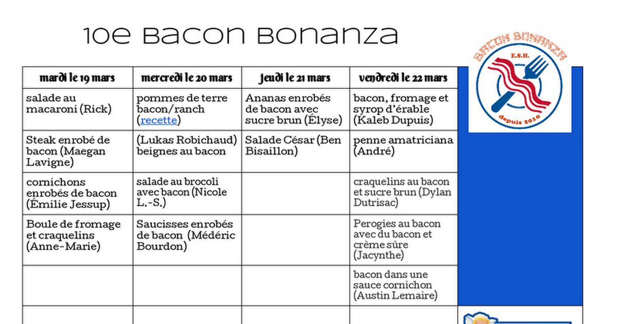 Bacon Bonanza calendrier 2019