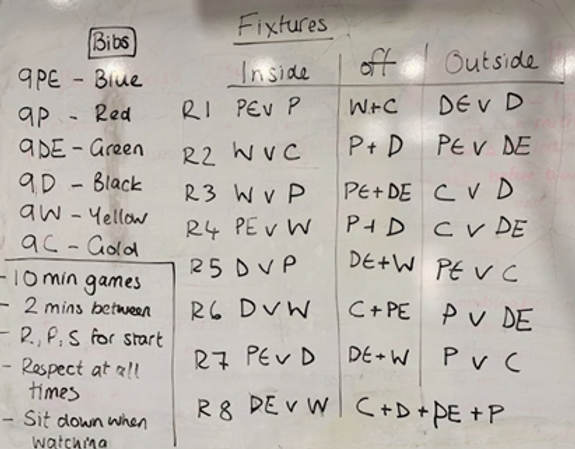 A whiteboard showing sport fixtures