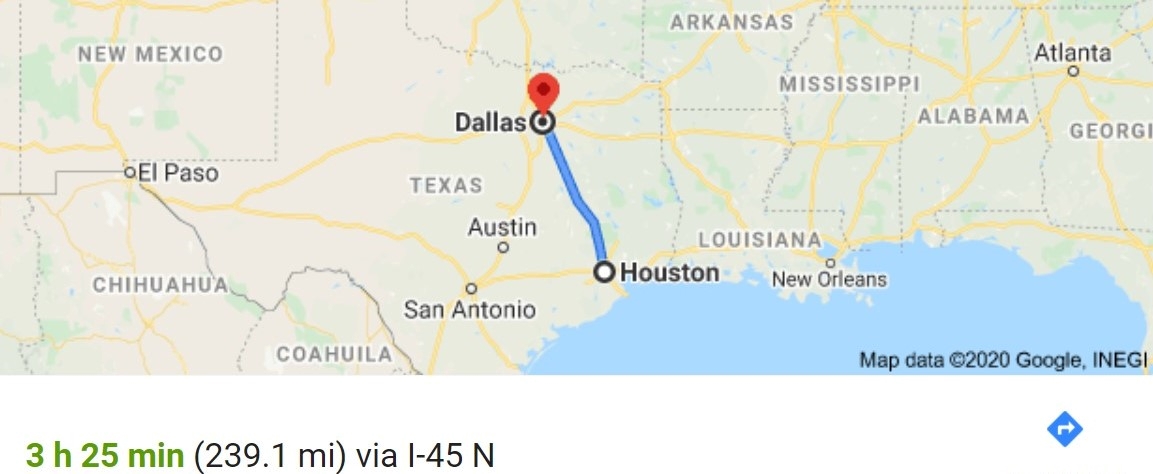 Moving in Texas map from Houston to Dallas