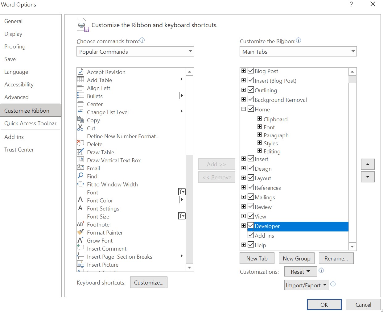 how to create a survey in microsoft word, step 2: show the developer tab