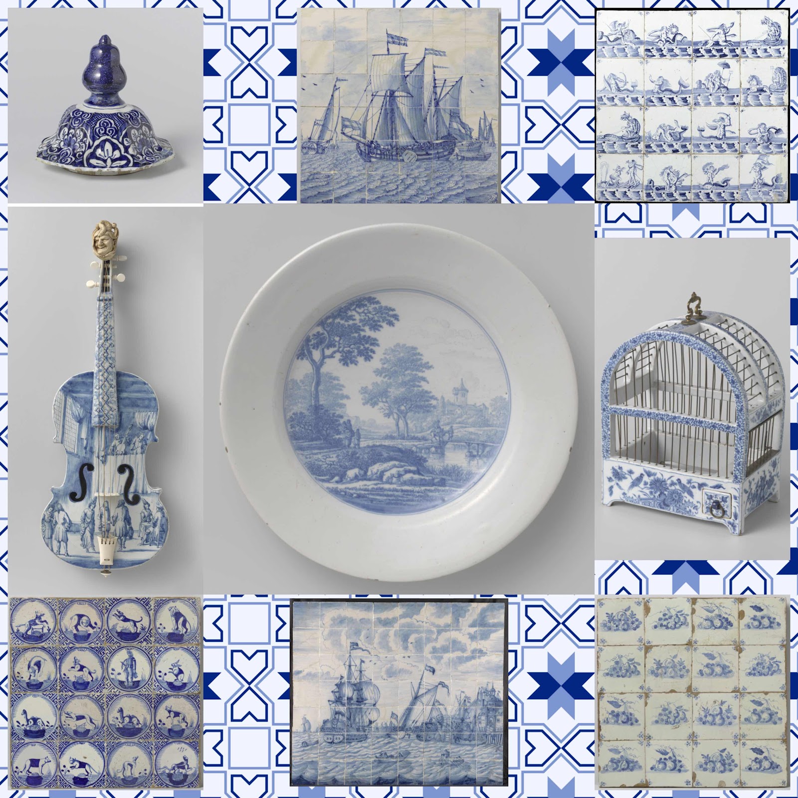 Several examples of Delft pottery in shades of blue and white, including a violin, tiles of fruit, a birdcage, and tiles depicting ships