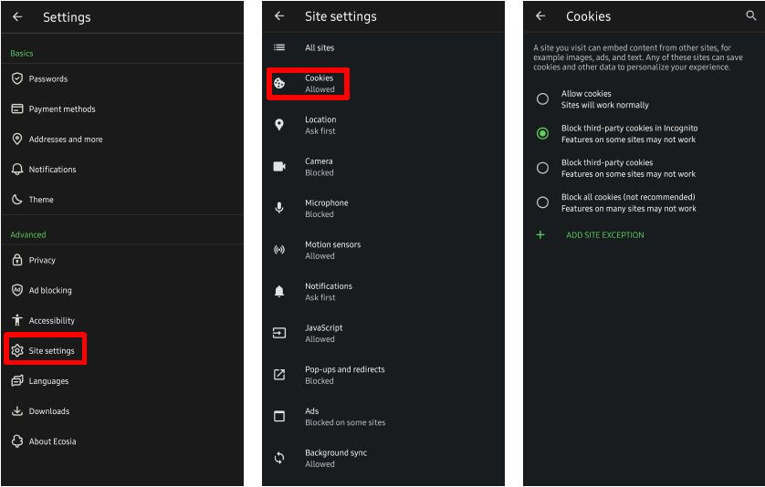 Image showing how to manage cookies in the Ecosia Android app