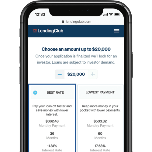 View of LendingClub online personal loan application on mobile device. 
