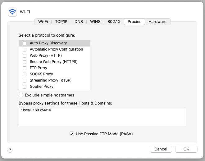 Configurações para desabilitar o servidor proxy do MacOS