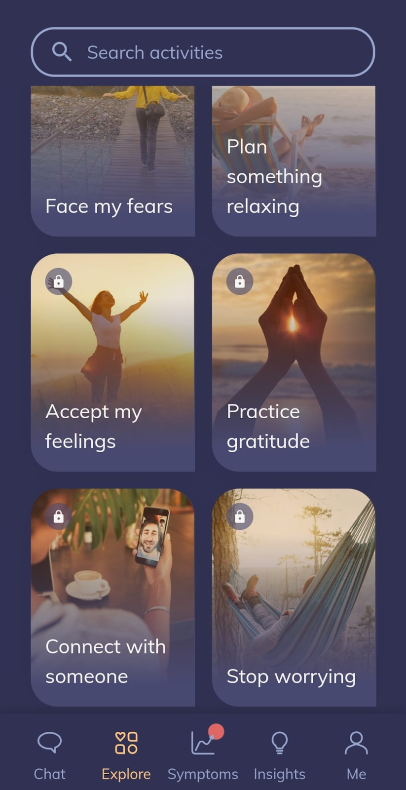The 'explore' section which displays numerous activities, such as: accept my feelings, practice gratitude, and connect with someone. 