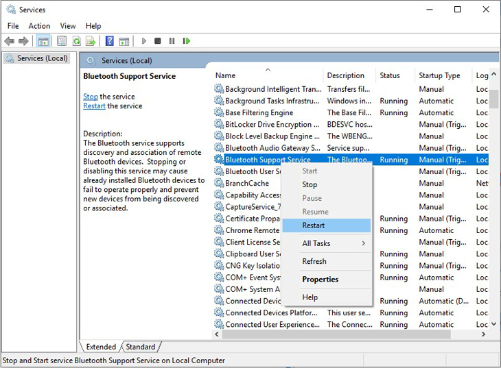 Kích chuột phải vào Bluetooth Support Services và chọn Restart.