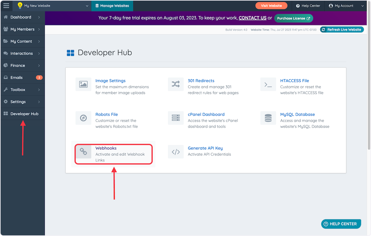 Navigate to Developer Hub >> Webhooks.