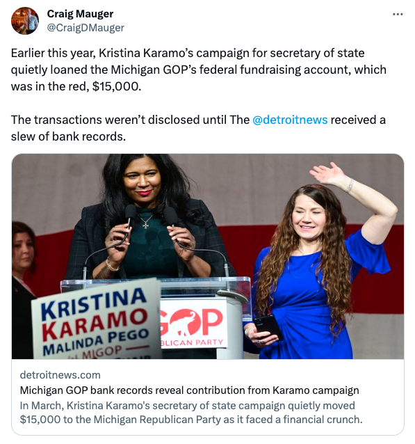 Craig Mauger tweet about Kristina Karamo's campaign loaning the MIGOP $15,000