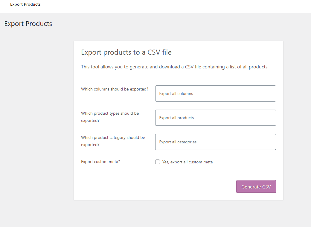 export WooCommerce products to Excel window