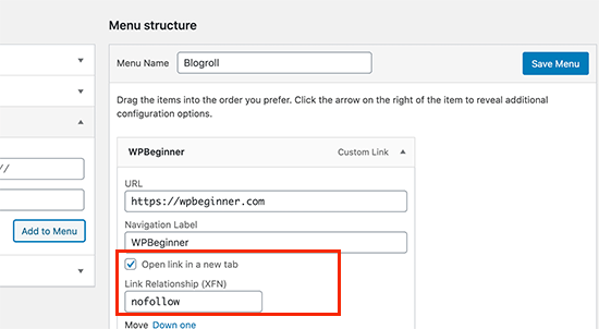 Abra um link do blogroll em uma nova janela e torne-o nofollow