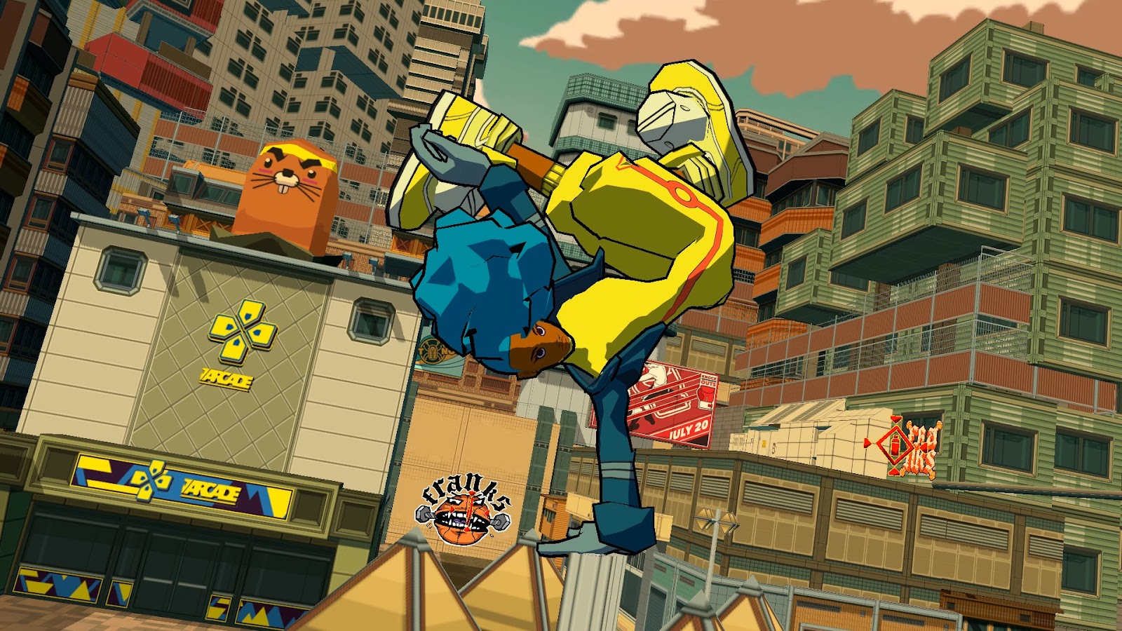 A female character breakdances on the rooftops. Bomb Rush Cyberfunk