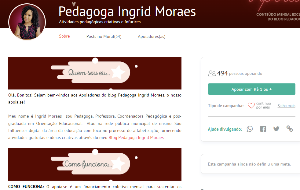 Página de campanha da professora Ingrid de Moraes.