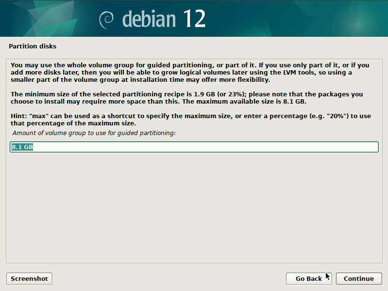 debian volume group for partitioning