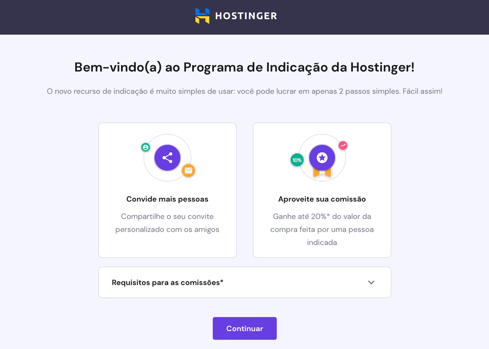 página do programa de indicação da Hostinger