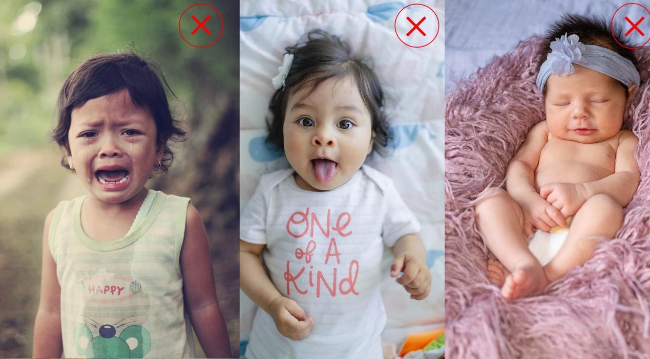 the 3 wrong eaxmples of  babay facial expressions when taking baby passport photo