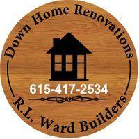 Down Home Renovations logo on a circular, wooden background with black and white text. 