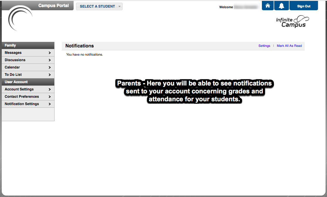 Screen shot of the parent view of notifications in Infinite Campus. Screen shot of the parent view of notifications in Infinite Campus.
