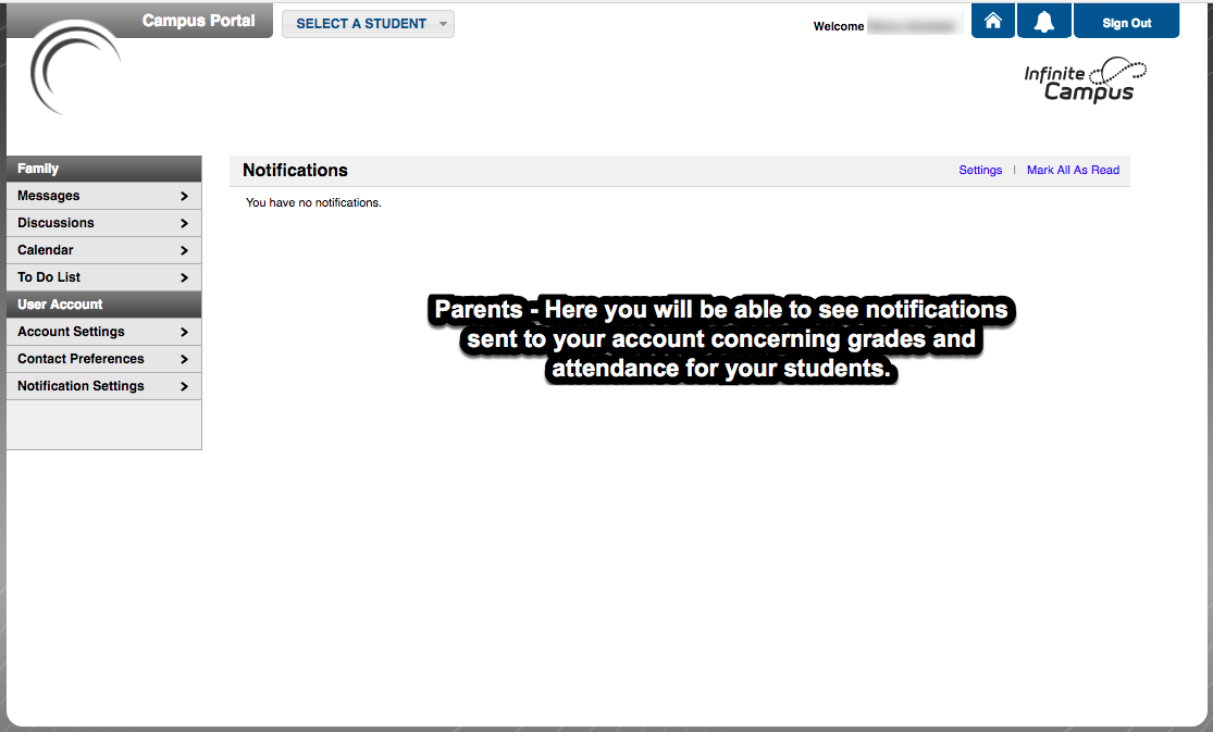 Screen shot of the parent view of notifications in Infinite Campus.