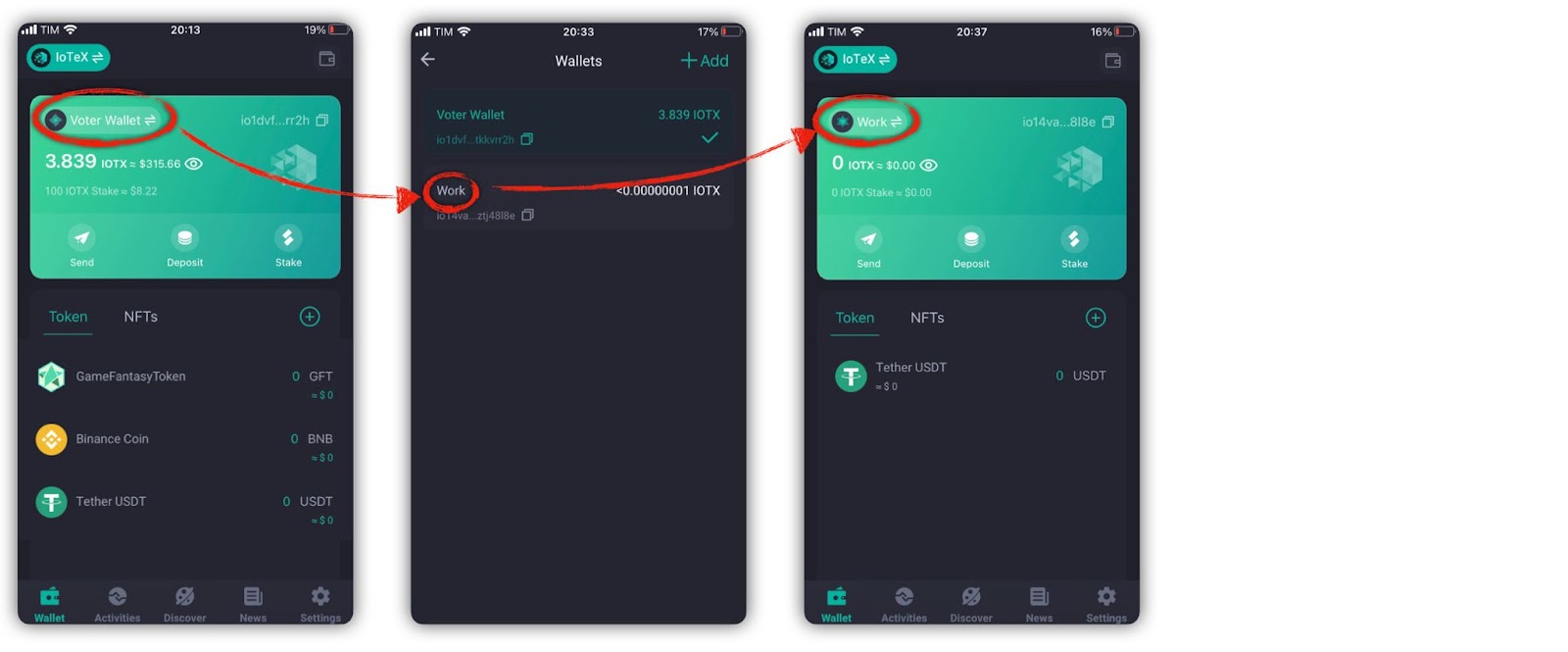 Screenshot of steps to switch wallets in ioPay app