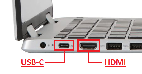 A photo of a laptop with the USB-C and HDMI parts highlighted