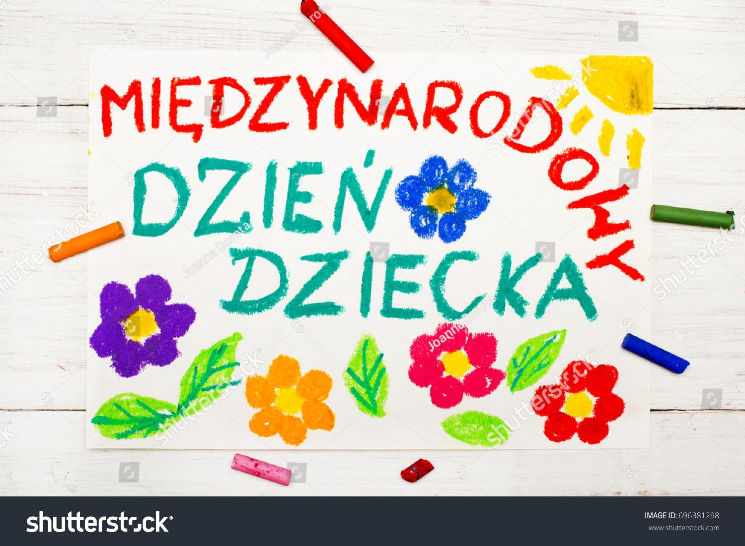 Colorful drawing: Children's day card with Polish words Children's day