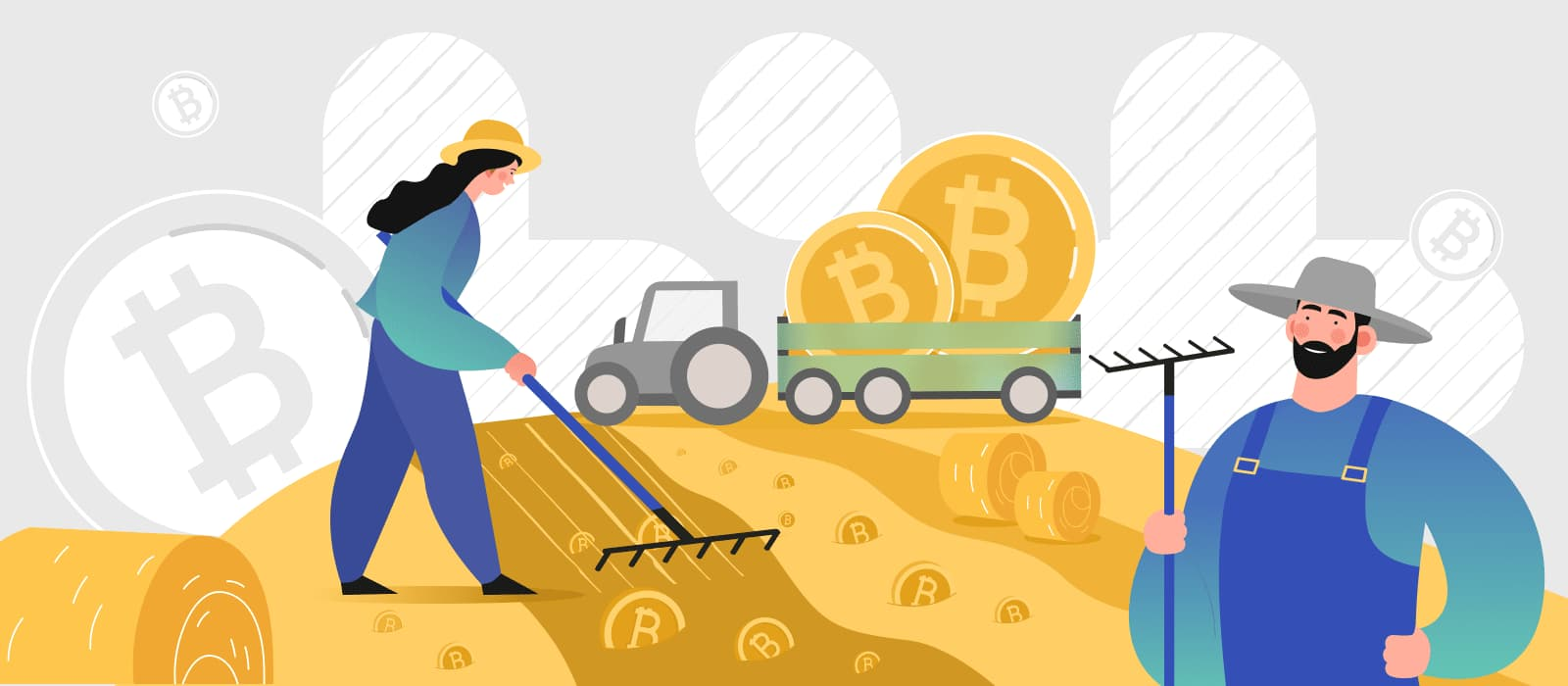 Bitcoin Yield Farming is illustrated with real farmers working their fields.