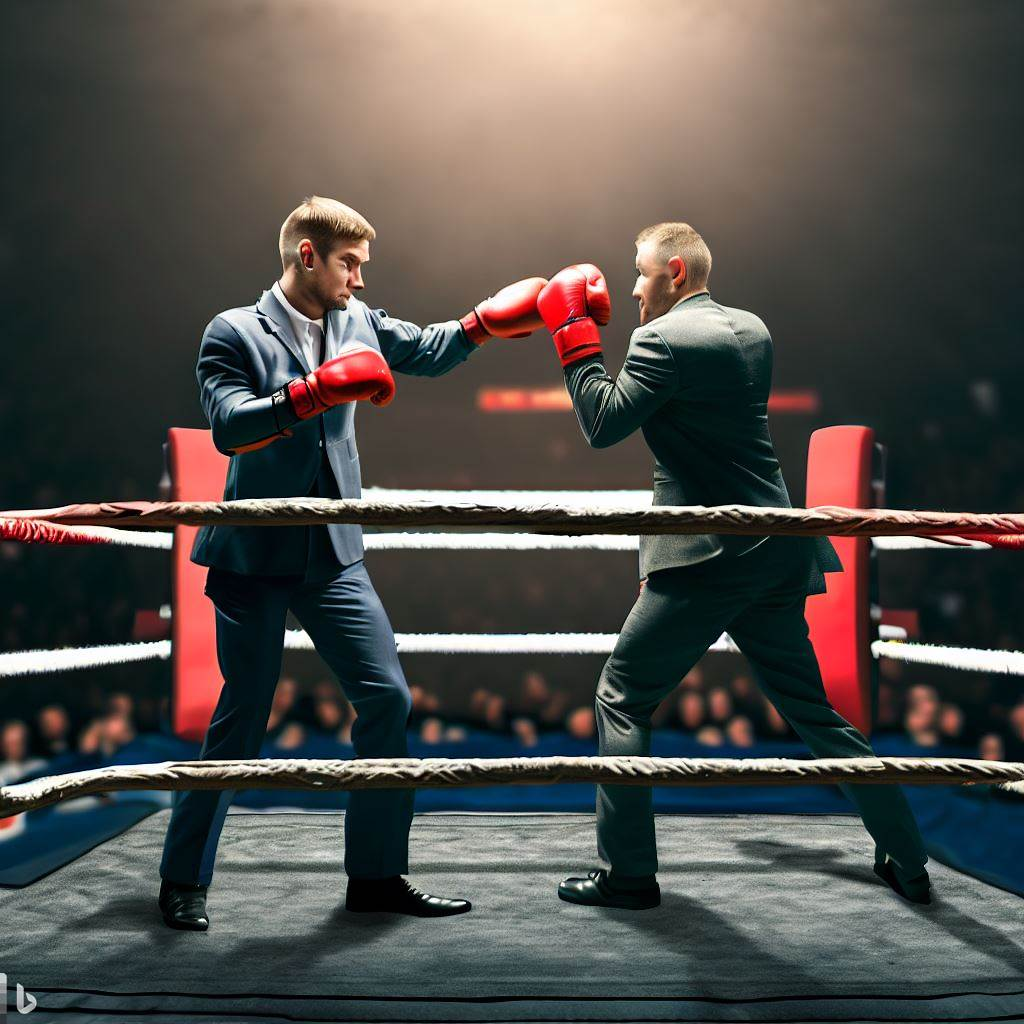 Two marketers dressed in suits boxing in a ring. 