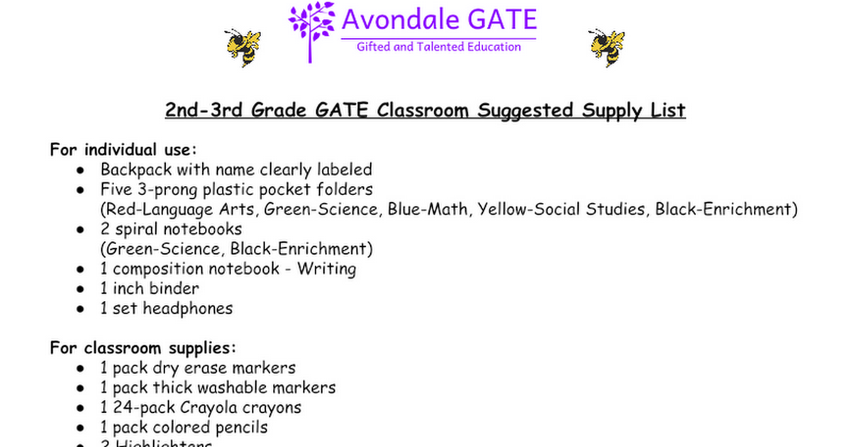 Avondale GATE Magnet School Supply Lists.docx