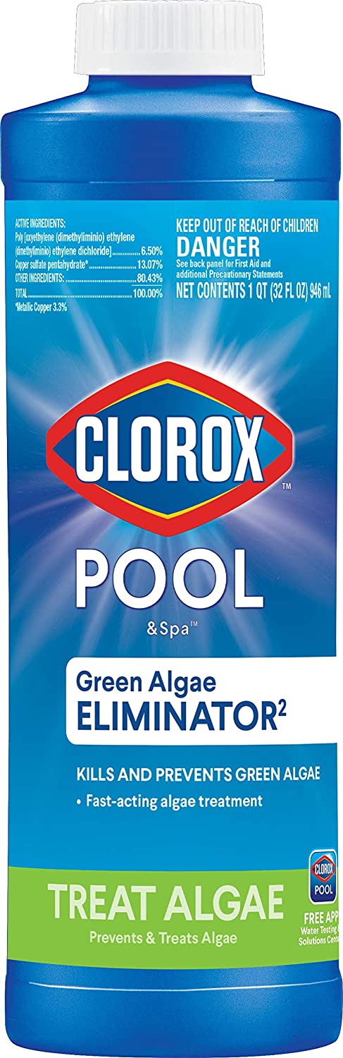 a blue bottle of Clorox Pool and Spa algaecide for swimming pools